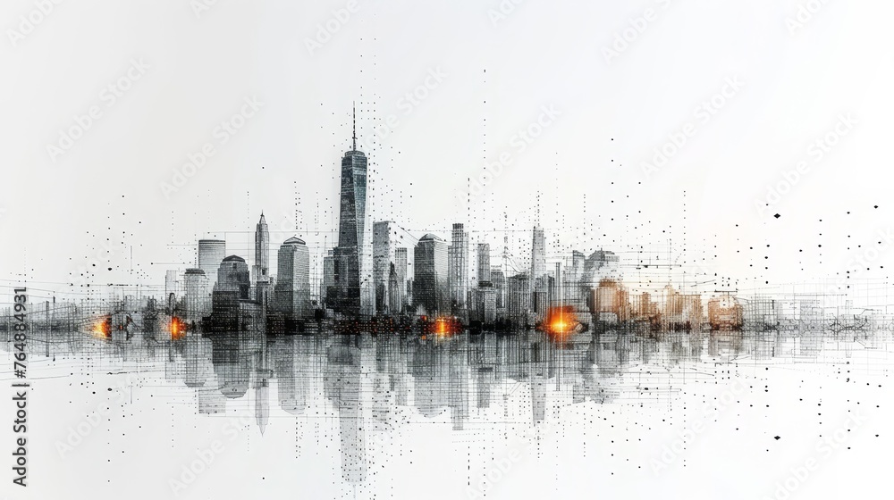 Poster Low poly wireframe of a smart city on a white background. Abstract or metropolis city with digital technology. Intelligent building automation system concept. Polygonal space low poly with connected