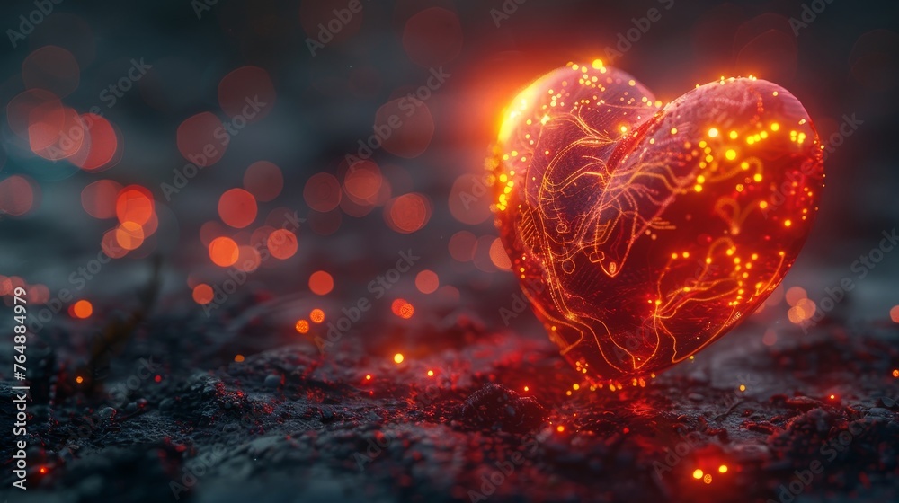 Aufkleber in a futuristic style, a digital heart glows. 3d model with board texture, postcard is a symbol of c