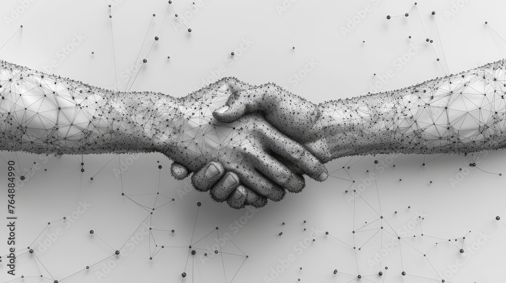 Poster a handshake is illustrated abstractly on a white background. low poly wireframe. a hand gesture is i