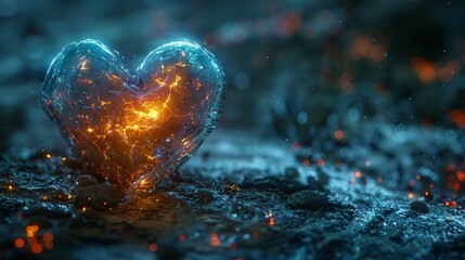 In the futuristic style, the digital heart glows. This 3D model has a board texture and a postcard that symbolizes charity and advancement in technology.