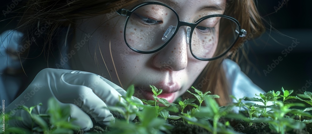 Poster using plants as samples, a scientist examines samples