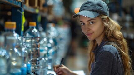 Worker writing notes about water bottles or gallons before shipment. Quality control inspection. Selective focus.