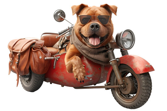 A cheerful 3D animated cartoon render of a smiling dog having fun in a sidecar.