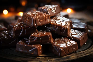 Foto auf Alu-Dibond Selective focus of chocolate chocolate candies covered with chocolate bars, generative IA © Gabriel