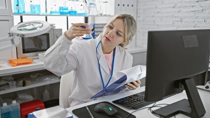 A focused woman scientist examines a blue liquid in a test tube in a laboratory setting.