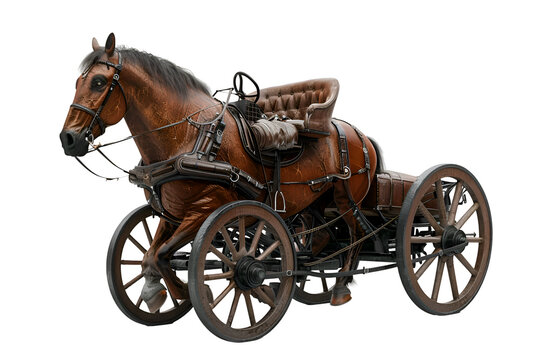 A graceful 3D animated cartoon render of an elegant horse pulling a sidecar carriage.