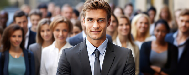 business man standing in front of a diverse group of individuals