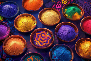 Cuencos conteniendo polvos de colores para fiesta holi india, sobre fondo colorido con dibujos...