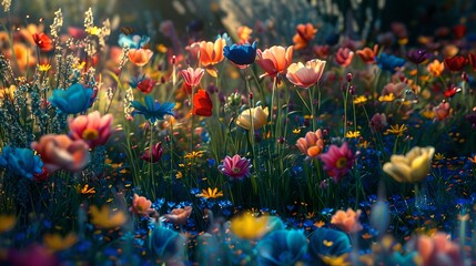 Lush garden of vibrant tulips in full bloom. Springtime serenity in a floral landscape. Ideal for backgrounds, nature themes. Tranquil and colorful. AI