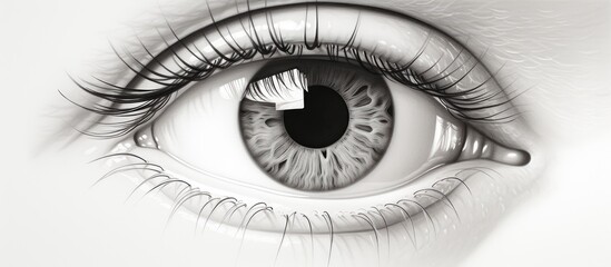 Create a detailed black and white image of a human eye showing emotion with a teary pupil - obrazy, fototapety, plakaty