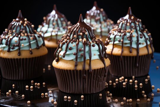 Vertical selective focus photo of chocolate cupcakes on a blue surface with drops , generative IA