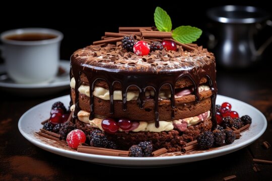 High angle vertical photo of a fresh chocolate cake decorated with a delicious cho, generative IA