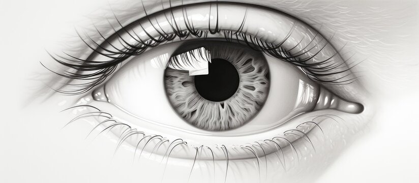 Create a detailed black and white image of a human eye showing emotion with a teary pupil