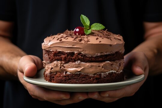Vertical photo of a chocolate cake in the hand of a man in a white background, generative IA