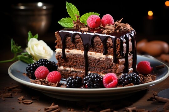 Vertical photo of a chocolate cake and a slice on a plate next to some pieces of c, generative IA