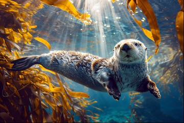 Serene image of a sea otter leisurely floating in a sunlit kelp forest. 
