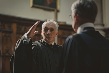 Bailiff administering oath to a witness - obrazy, fototapety, plakaty