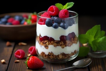 Healthy greek yogurt with granola, fresh berries, banana, and chia seeds for breakfast or snack