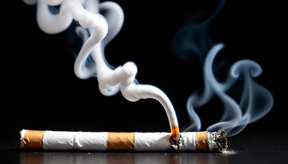 A burning cigarette and white smoke rising isolate on black background