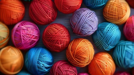 Colorful array of yarn balls in close-up. Knitting and crocheting supplies. Textile and craft concept. High-quality woolen materials in vibrant hues. Ideal for creative projects. AI