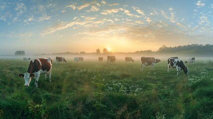 Grazing cows in a meadow with grass covered with dewdrops and morning fog, sunrise, copy and text space, 16:9