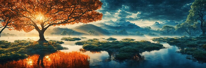 Mystical landscape of lake and mountains. Orange tree with lake reflection. Blue mountains in the...