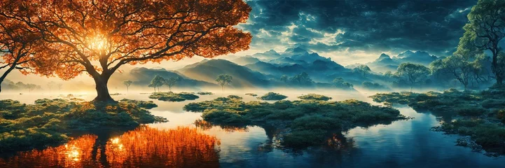  Mystical landscape of lake and mountains. Orange tree with lake reflection. Blue mountains in the background. Fabulously beautiful panorama of the mountain lake. © derplan13