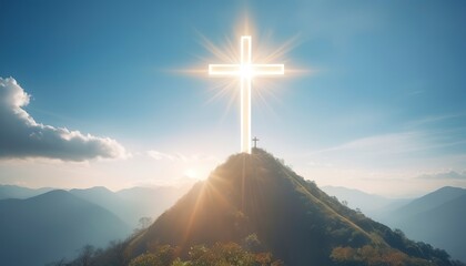 Abstract of Christ Cross on the Mountain with Light Leak, Suitable and Blue Sky and White Cloud in...