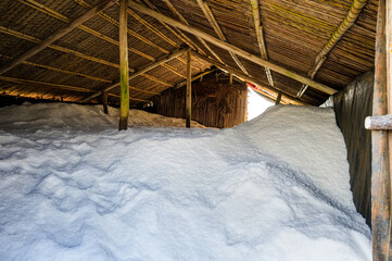 Scene inside the salt warehouse after harvest in Ly Nhon, Can Gio district of Ho Chi Minh City, Vietnam