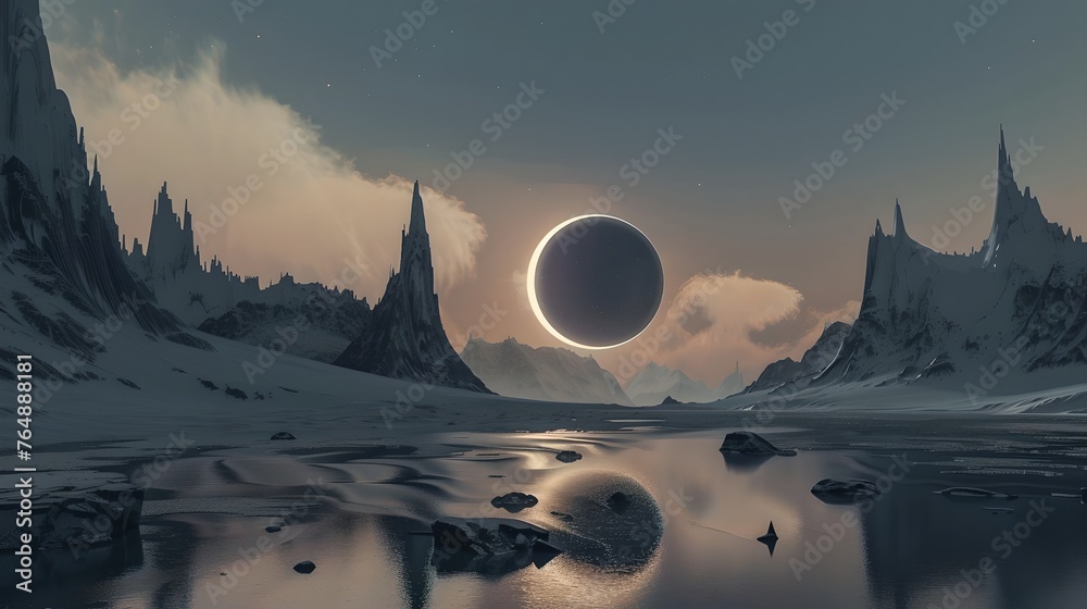 Poster Majestic Eclipse over a Tranquil Frozen Landscape, Digital Art. Surreal Winter Scenery with Reflective Ice. Ideal for Backgrounds and Wallpapers. AI