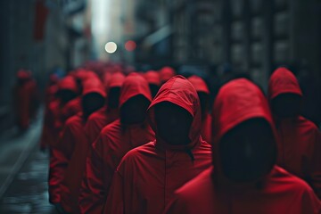 People in red hoods walk in a line down a street creating a mysterious and secretive atmosphere. Concept Mysterious Gathering, Red Hoods, Secretive Atmosphere, Street Walk, Intriguing Scene