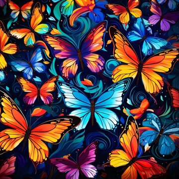 Seamless pattern with colorful butterflies on a dark background. Vector illustration.