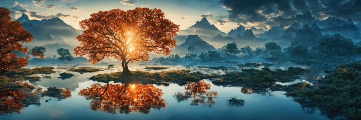 Foto op Aluminium Mystical landscape of lake and mountains. Orange tree with lake reflection. Blue mountains in the background. Fabulously beautiful panorama of the mountain lake. © derplan13