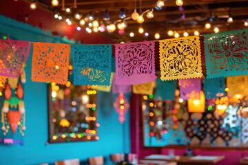 Fototapeta premium Colorful papel picado banners hanging indoors with festive lights in the background.