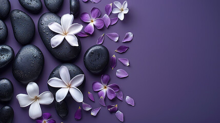 Flat lay composition with black spa stones and flowers isolated on purple  background with space for text