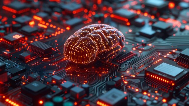 Neural network model overlaid on a digital circuit board,  illustrating the parallel processing capabilities inspired by the human brain in AI-driven technologies.