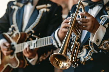 Mariachi band members playing guitar and trumpet.