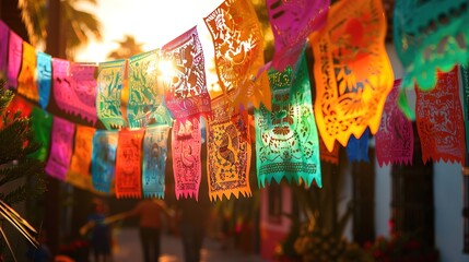 Colorful cut-out banners flutter in the warm glow of a sunset, celebrating Cinco de Mayo.