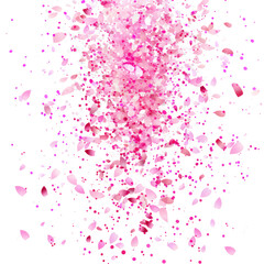 Explosion of pink confetti bursting from the center of image, motion blur, isolated on transparent png.
