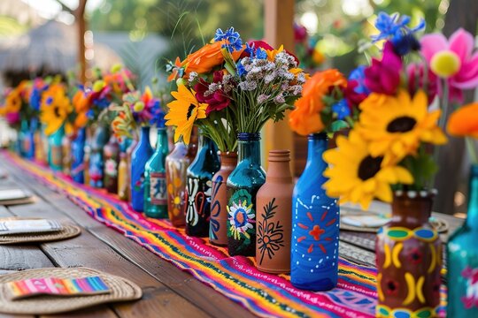 Colorful painted bottles with flowers on a vibrant table runner outdoors.