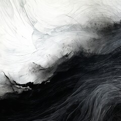 Black and white painting with abstract wave patterns