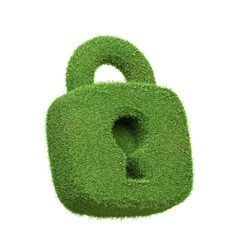 A padlock icon made of green grass isolated on a white background, symbolizing the concept of eco-friendly security and the protection of natural resources. 3D render illustration