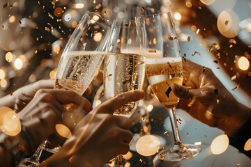 Fototapeta na wymiar Symbolic Image of Joy and Togetherness: Hands Clinking Champagne Glasses in Celebration. Concept Celebration, Champagne Toast, Happy Moments, Joyful Gathering, Togetherness