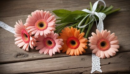 Bunch of gerber daisies on old wood with broderie ribbon - obrazy, fototapety, plakaty