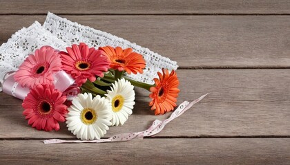 Bunch of gerber daisies on old wood with broderie ribbon