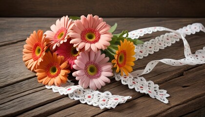 Bunch of gerber daisies on old wood with broderie ribbon