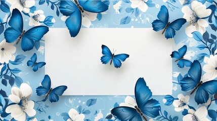 Blue paper butterflies and flowers on blue background with space for your text