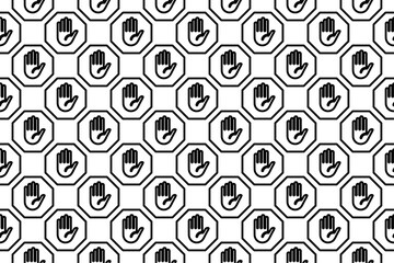 Seamless pattern completely filled with outlines of stop hand symbols. Elements are evenly spaced. Vector illustration on white background