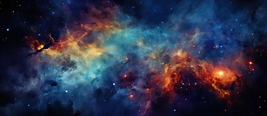 Foto op Plexiglas An artistic depiction of a vivid nebula filled with colors, surrounded by twinkling stars, while a solitary bird gracefully soars through the cosmic landscape © 2rogan