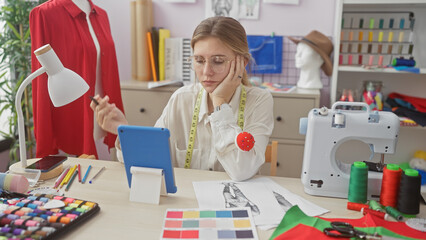 A focused young woman tailor using a tablet in a colorful atelier surrounded by sewing equipment.